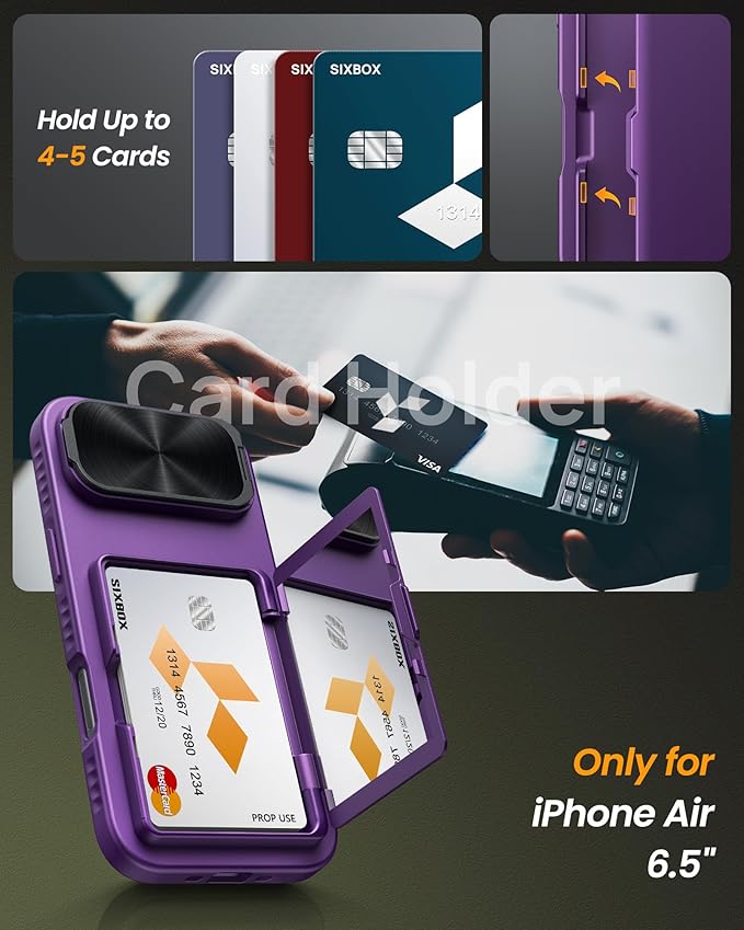 for iPhone Air Case, Built-in Card Holder & Stand & Lens Cover, Military Grade Drop Tested Soft Silicone Edge Rugged Kickstand Full Body Protective Wallet Phone Case for iPhone Air 2025, Purple