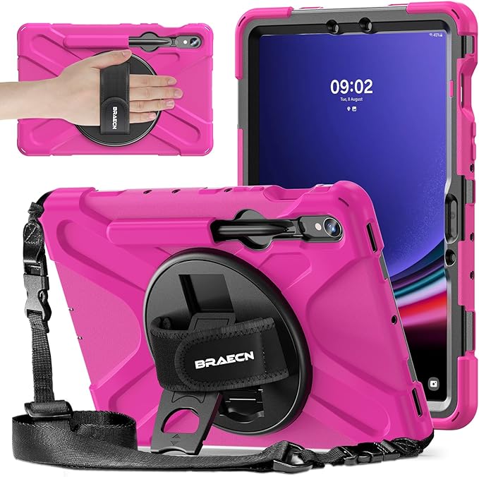 BRAECNstock for Samsung Galaxy Tab S10 Lite/ S10 FE/ S9 FE/ S9/ S8/ S7 5G Case 10.9"/11", Shockproof Protective Kids Case with Pencil Holder, Rotating Hand Strap & Stand, Shoulder Strap, Rose Red
