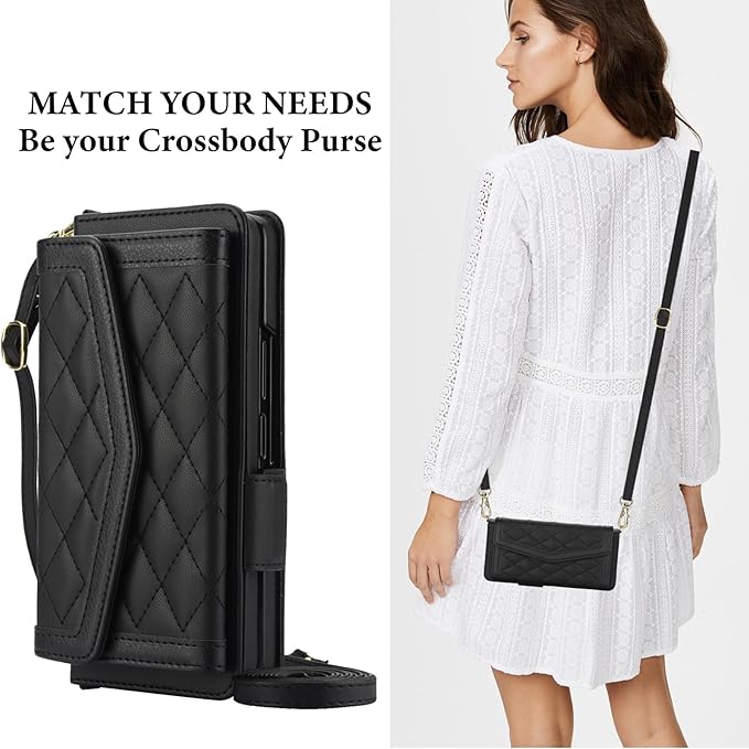 for Samsung Galaxy Z Fold 7 Wallet Case - Stitching Pattern RFID Blocking Card Holder, S Pen Slot Crossbody Strap, Full Body Protection Flip Cover for Women Black