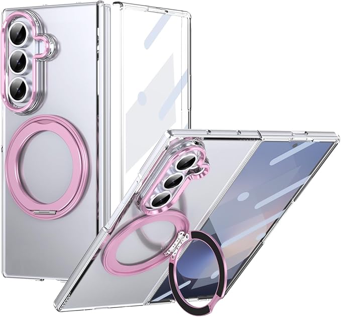 for Samsung Galaxy Z Fold 7 Case with Magnetic Ring Holder, 360 Rotating Bracket, Built-in Front Screen Len Protector, Anti-Yellowing & Anti-Fingerprint Crystal Clear Case.(Pink)