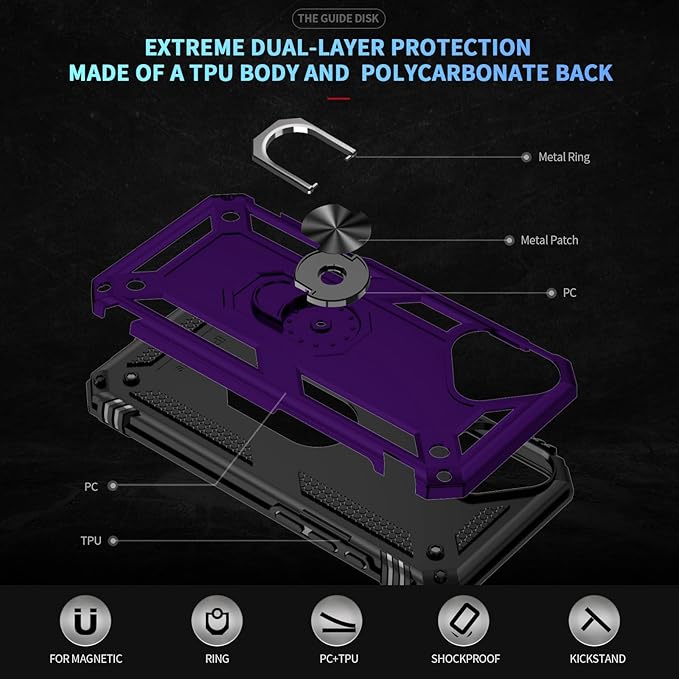 ADDIT Compatible with iPhone 17 Case with Tempered Glass Screen Protector, Adjustable Kickstand Ring, Military-Grade Heavy Duty Protection, Shockproof, Anti-Fingerprint,Purple