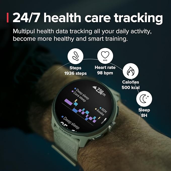 SUUNTO Run Sports Watch, 1.32" AMOLED Touchscreen w/Crown Button, 12D Battery Life, Dualband Accurate GPS, Wrist Heart-Rate & Sleep Health Tracking, 35g Lightweight & 4GB Offline Music, Frost Gray