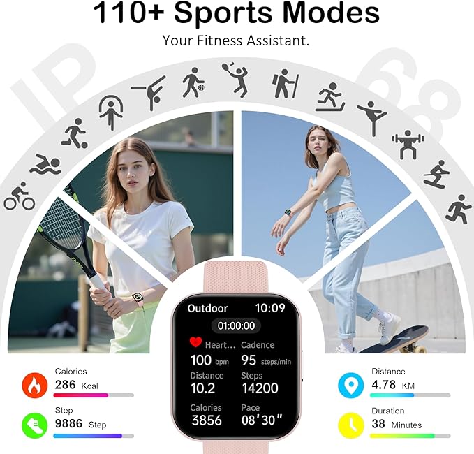 Smart Watch for Men Women, Answer/Make Calls,1.85"HD AMOLED Curved Display Fitness Watch with Blood Pressure Sleep Heart Rate Monitor, AI Dial, AI Q&A,120+ Sports True IP68 Waterproof Smartwatch,Peach