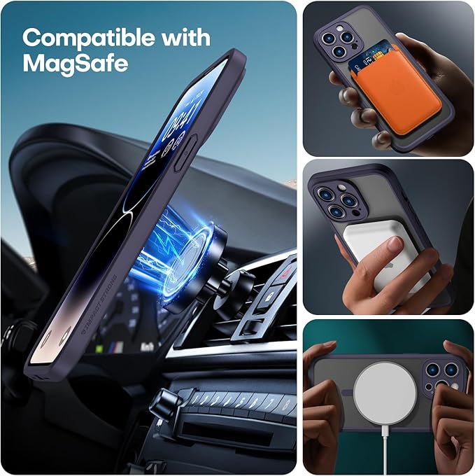 ImpactStrong Magnetic Guard Designed for iPhone 14 Pro Case [Camera Protection] [Military Grade Drop Tested] [Compatible with MagSafe] Slim Translucent Matte Phone Case (6.1") - Dark Purple