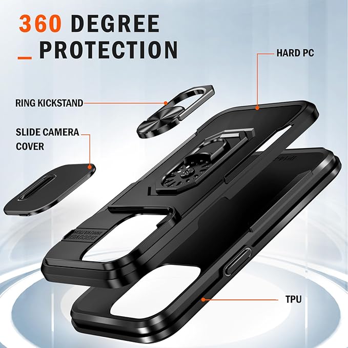 Case for iPhone 14 Pro Phone Case with Slide Camera Cover, with Finger Ring Holder Stand, fit Magnetic Car Mount, for iPhone 14 Pro - Black