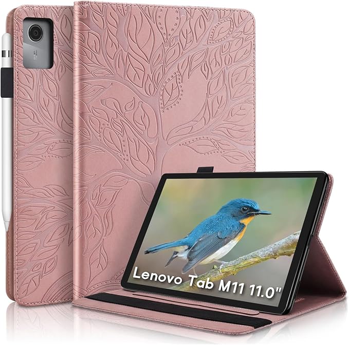 Portfolio Cover for Lenovo Tab M11 / K11, Unique Tree Design with Card Slots, Slim and Lightweight with Magnetic Auto Sleep, Precise Cutouts Case Compatible with Lenovo Tab M11 TB-330FU Rosegold Pink