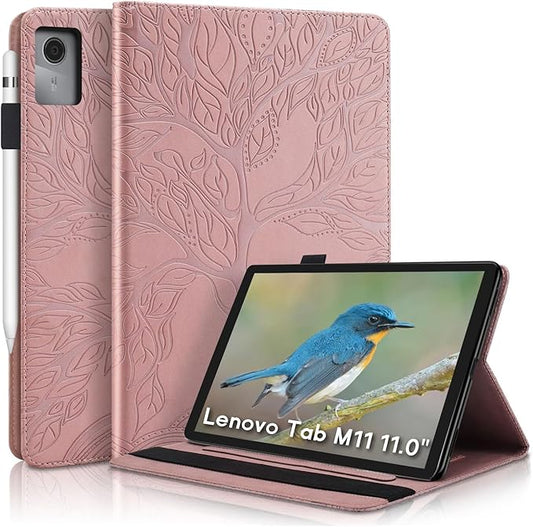 Portfolio Cover for Lenovo Tab M11 / K11, Unique Tree Design with Card Slots, Slim and Lightweight with Magnetic Auto Sleep, Precise Cutouts Case Compatible with Lenovo Tab M11 TB-330FU Rosegold Pink