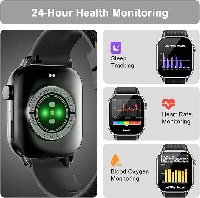 Smart Watches for Men Women, 1.85'' AMOLED HD Fitness Tracker with 100+ Sports Modes, Smartwatches with Bluetooth Call/Heart Rate/Sleep Monitor/Pedometer, IP68 Waterproof Watch for Swimming, Black