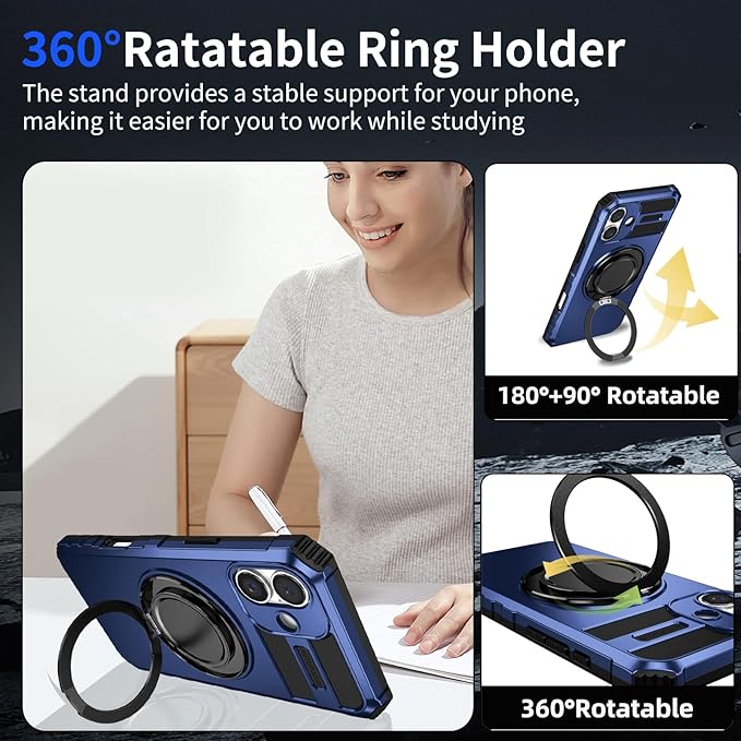 for iPhone 16 Case Compatible with MagSafe Magnetic,with 2 Tempered Glass Screen Protectors,Built-in 360°Kickstand Ring,Military Grade Drop Shockproof Heavy Duty Protection Phone Bumper Blue