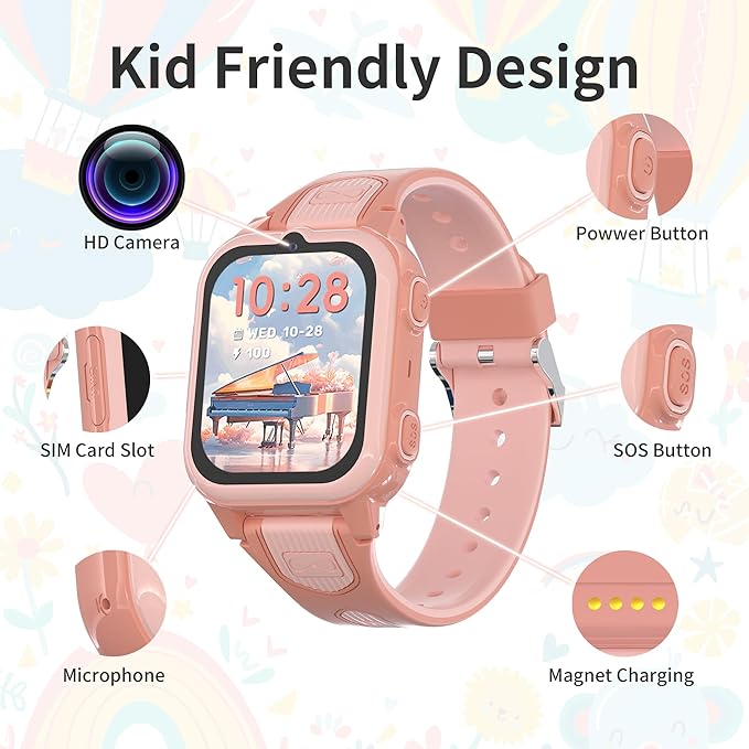 4G Kids Smart Watches Girls with GPS Tracker, Kids Cell Phone Watch with Video & Voice Calling Texting SOS Call Chat Camera Pedometer Alarm Calculator Games, Smart Watch for Girls Age 6-15(Pink)