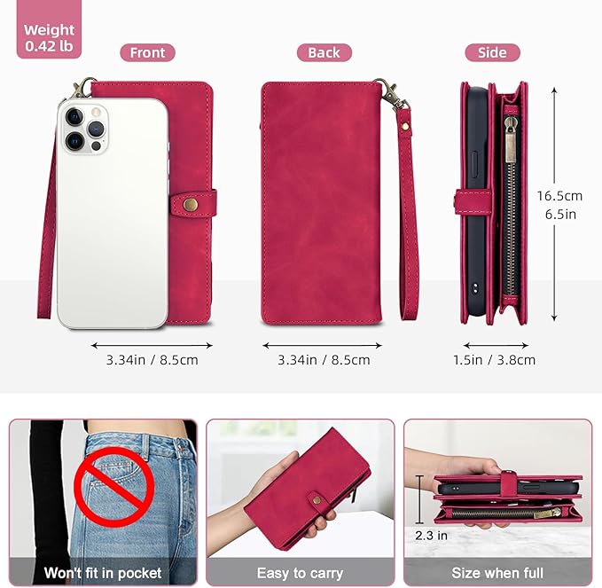 TwoHead for iPhone 12 Pro Max Wallet Case with Card Holder,Detachable Magnetic 12 Pro Max Phone Case, PU Leather Shockproof Protective Cover Wallet for Women/Men,6.7IN,Wine Red