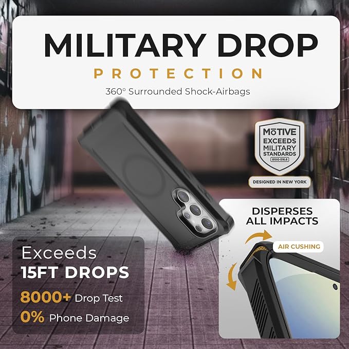 MOTIVE Designed for Samsung Galaxy s25 Ultra Case with Belt Clip, Magnetic Case Magsafe Compatible, Heavy Duty and Quad Layer Military Grade Protection for s25 Ultra Holster, 6.9" | Black