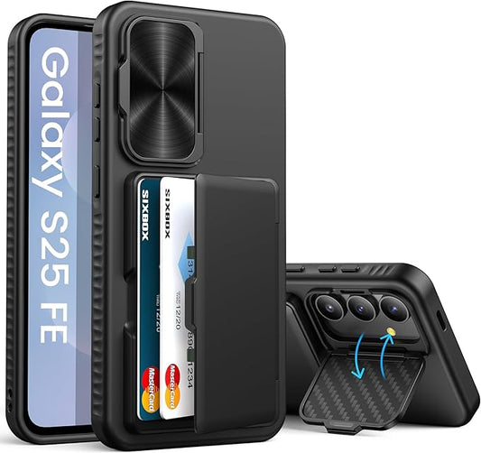 for Samsung Galaxy S25 FE Case Wallet, Built-in Stand & Card Holder & Camera Cover, Full Body Protective Rugged Multifunctional Wallet Kickstand Phone Cover Case for S25 FE 2025, Black