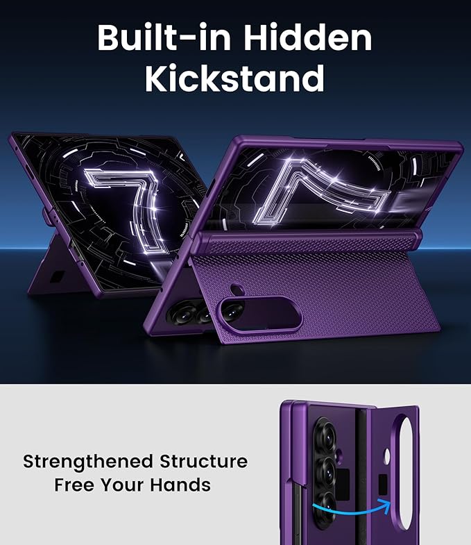 for Samsung Galaxy Z Fold 7 Slim Case with Stand, Glass Screen Protector, Full Hinge Protection, Thin & Rugged, Shockproof Protective Phone Case Cover for Samsung Galaxy Z Fold7 2025, Purple