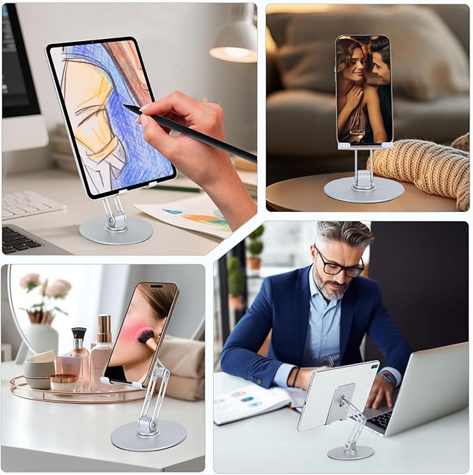 Foldable Swivel Phone Stand for Desk with Adjustable Height up to 6.7inch/17cm Sturdy 360° Rotating Desktop Holder for 4-12.9 Inch Cell Phones/Tablets, Aluminum Alloy/Carbon Steel Base