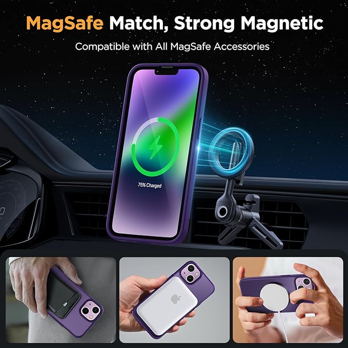 Miracase Magnetic for iPhone 14 Case 6.1 inch (Compatible with MagSafe)（with 2X Screen Protectors） Military-Grade Protection, Anti-Fingerprint Translucent Matte Phone Case Cover, Dark Purple