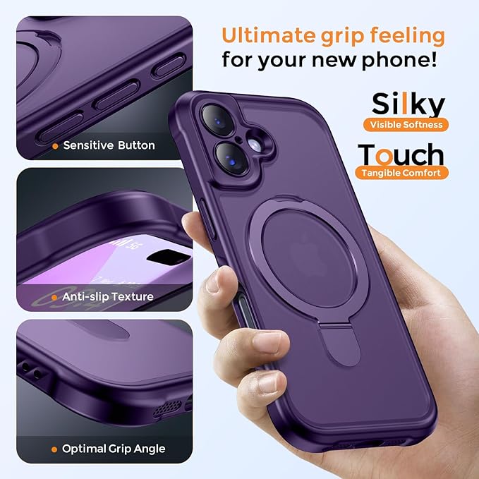 MOCCA Compatible with iPhone 17 Case with Magnetic Invisible Stand [Full Camera Protection] [Compatible with Magsafe] Military Drop Shockproof Translucent Matte Phone Case Cover 6.3",Deep Purple