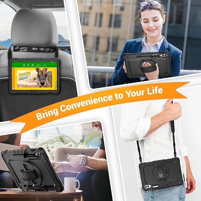 SEYMAC Case for Samsung Galaxy Tab S10+ Plus 2024/ S9 FE+ Plus/ S9+ Plus 12.4" 2023, Heavy Duty Shockproof Protective Case with Screen Protector, Stand, Hand/Shoulder Strap and Pen Holder, Black