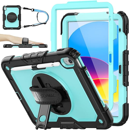 SEYMAC stock Case for iPad (A16) 11th/10th Generation 11''/10.9'' 2025/2022, Full-Body Drop Protection Case with Screen Protector &360° Rotate Hand Strap/Stand, Brightblue+Black
