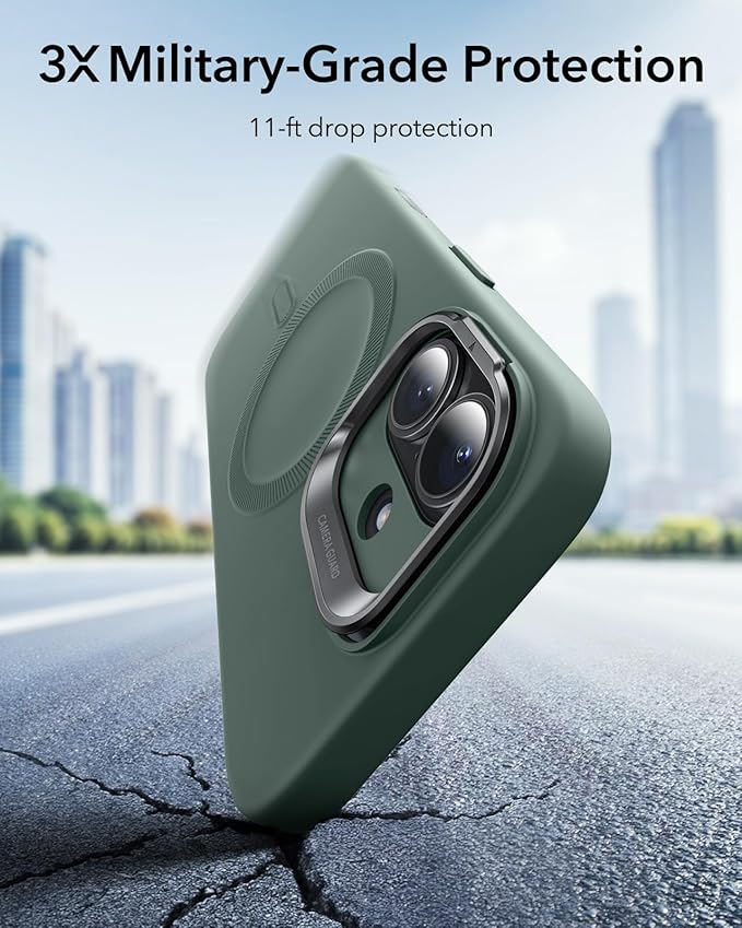 ESR Silicone Case for iPhone 17, Built-in Camera Stash Stand Compatible with MagSafe, Military-Grade Drop Protection Magnetic Phone Case for iPhone 17, Cloud Series, Olive Green