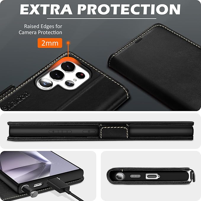 SHIELDON Case for Galaxy S25 Ultra 6.9", Genuine Leather Folio Wallet Case RFID Blocking Card Holder Folio Magnetic Stand Shockproof Protective Cover Compatible with Galaxy S25 Ultra 5G - Retro Black