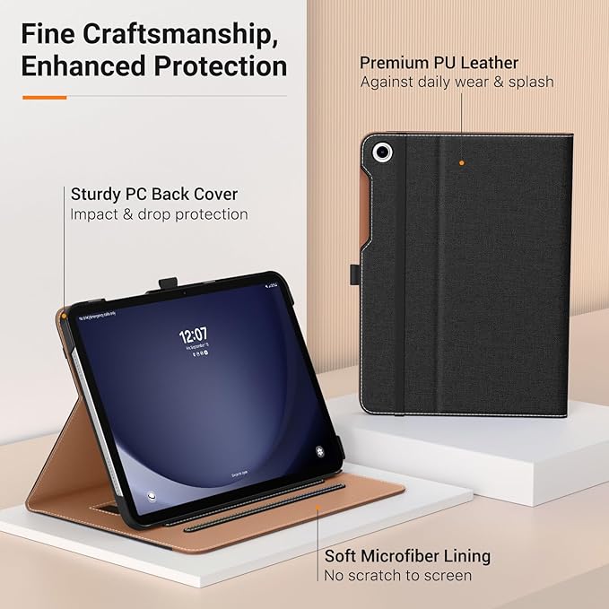MoKo Case for Samsung Galaxy Tab A9 Plus 11" 2023 (SM-X210/SM-X216/SM-X218), PU Leather Multi-Angle Viewing Folding Stand Cover Case with Hand Strap, Front Pocket, Auto Wake/Sleep, Demin Black & Brown
