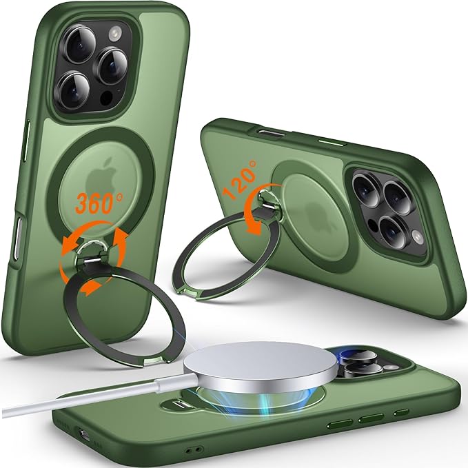 360° O-Ring MagStander for iPhone 16 Pro Case with Magnetic Kickstand Ring Holder [Compatible with MagSafe][360°Rotate Stand Ring][Military Shockproof] iPhone 16 Pro Phone Cover Matte Green