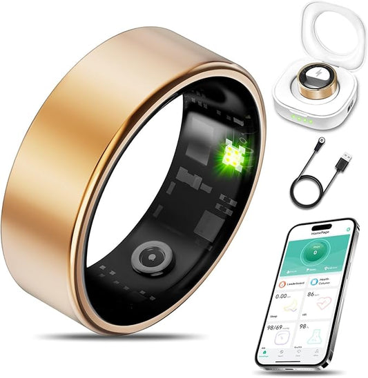 Smart Health Ring for Women Men Fitness Tracker with Heart Rate, Blood Oxygen, Blood Pressure, Sleep Monitoring, Step Counting, IP68 Waterproof for iPhone and Android, No APP Fee, Gold 6