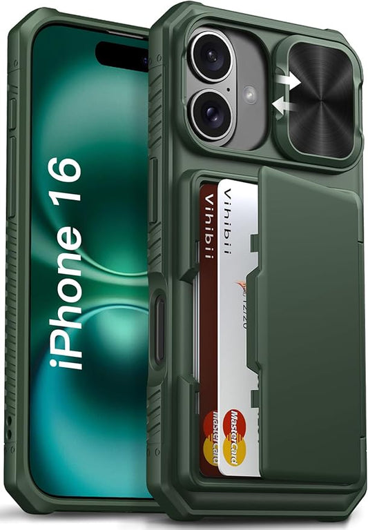 Vihibii for iPhone 16 Case with Card Holder (4 Cards) [RFID Blocking] & Slide Camera Cover, Military Grade Drop Protection, Rugged Hard Back & Silicone Edge Wallet Phone Cover, 6.1" 2024, Green