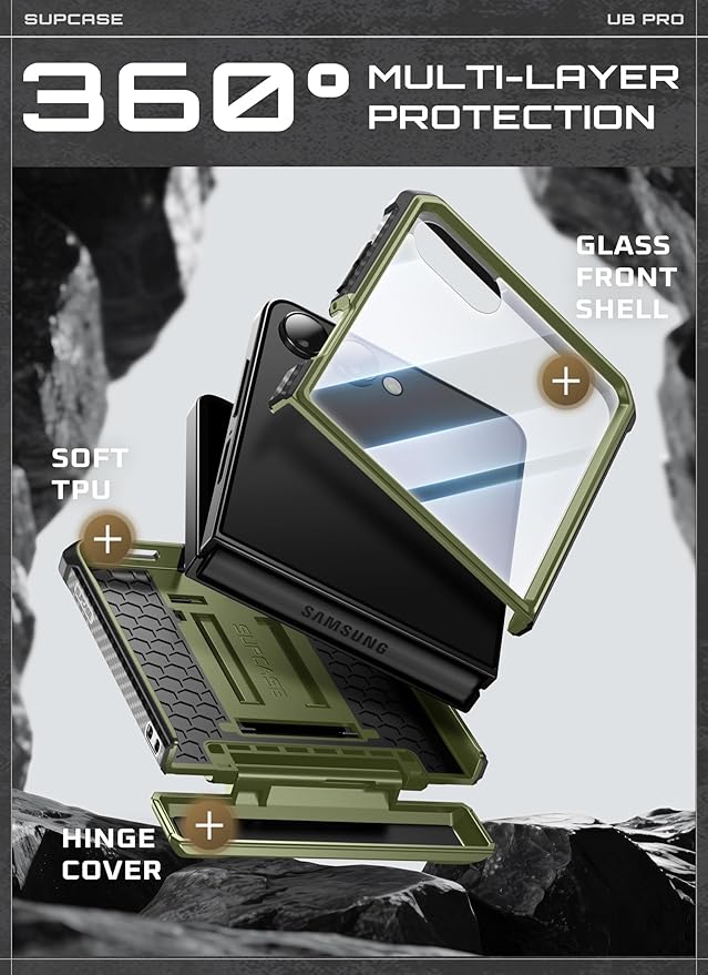 SUPCASE for Samsung Galaxy Z Flip 7 Case with Built-in Stand & Belt-Clip (Unicorn Beetle Pro), [Hinge Protection] [Front Tempered Glass Screen Protector] Full Body Military-Grade Phone Cover, Guldan