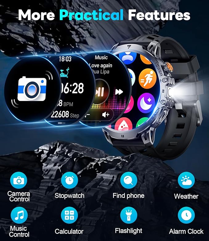 Military Smartwatch for Men(Answer/Make Calls),1000mAh Battery 1.85” HD Large Screen Fitness Watches with 100+ Sports Modes/Heart Rate Monitor Built-in LED Flashlight for Android iOS