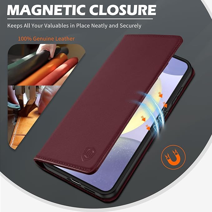 SHIELDON Case for Galaxy S25+ Plus 6.7", Genuine Leather Wallet Flip Magnetic Cover RFID Blocking Credit Card Slot Kickstand Shockproof Protective Case Compatible with Galaxy S25+ - Nappa Wine Red