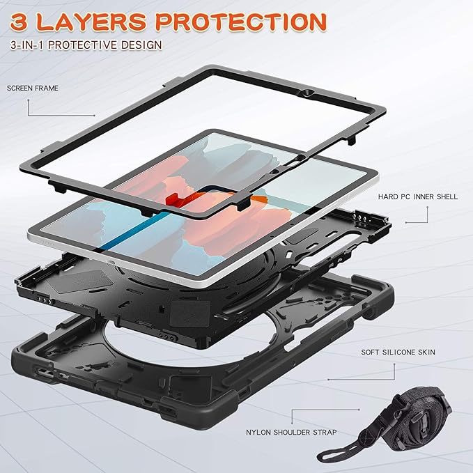 360 Rotation Portable Case for Galaxy Tab S8 11" / Galaxy Tab S7 11 inch Case with S Pen Holder Rugged Case Rotating Stand Hand Strap Shoulder Carrying Strap Outdoor Cover (Black)