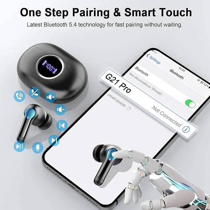Wireless Earbuds, 2025 Bluetooth 5.4 Headphones 3D Bass Hi-Fi Stereo Ear Buds, 4 ENC Noise Cancelling Mic, 40+Hrs USB-C in-Ear Earphone, IP-X7 Waterproof Sport Workout Gym for Laptop Pad Android iOS