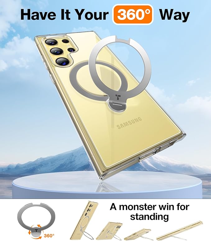 TORRAS 360° Spin Magnetic Stand for Samsung Galaxy S24 Ultra Case, Fit for Magsafe, Hard PC S24 Ultra Phone Case with Kickstand & Ring Holder, Transparent Clear