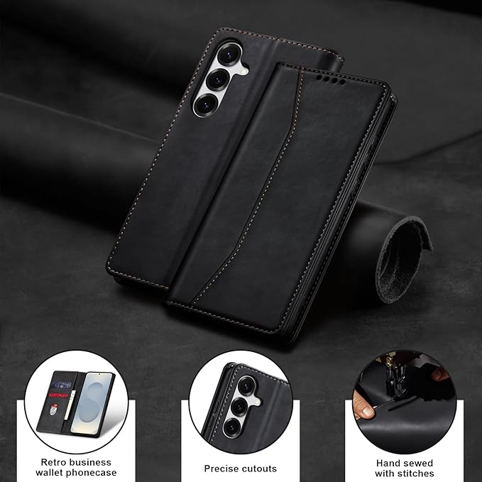 Jasonyu Flip Wallet Case for Samsung Galaxy S25 Plus/S25+,Leather Magnetic Folio Cover with Card Holder,Kickstand - TPU Shockproof Durable Protective Phone Case,Black