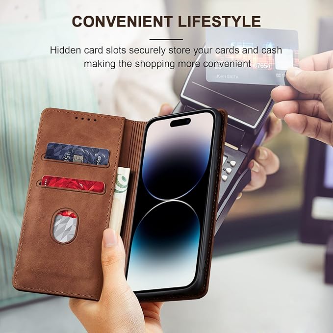 Jasonyu Flip Wallet Case for iPhone 14 Pro 5G,Leather Magnetic Folio Cover with Card Holder,Kickstand - TPU Shockproof Durable Protective Phone Case,Brown