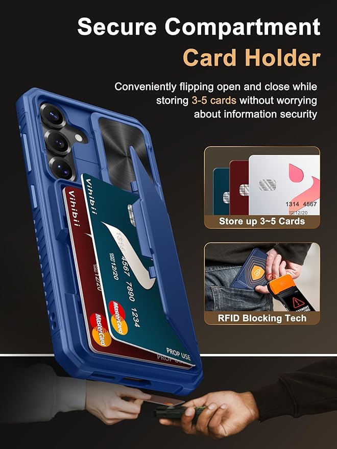 Vihibii for Samsung Galaxy S25 Case with Card Holder (4 Cards), [RFID Blocking] & Slide Camera Cover & Raised Edges Protect Screen, Shockproof Rugged Phone Case for Samsung Galaxy S25 6.2", Blue