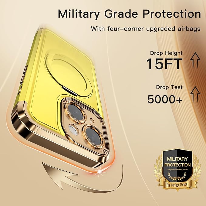 COOLQO for iPhone 15 Case 6.1'' Upgraded 360° Spin Magnetic Stand [Compatible with Magsafe][Military Protection] Plating Matte Scratch-Resistant Back Protective Shockproof Phone Case, Yellow Gold