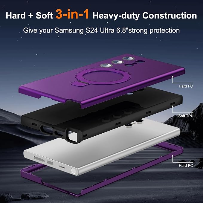 Designed for Samsung Galaxy S24 Ultra Case with Magnetic Ring Stand [Compatible with Mag-Safe][Military Grade Drop Protection][Build in Kickstand] S24 Ultra Phone Case 6.8",Purple
