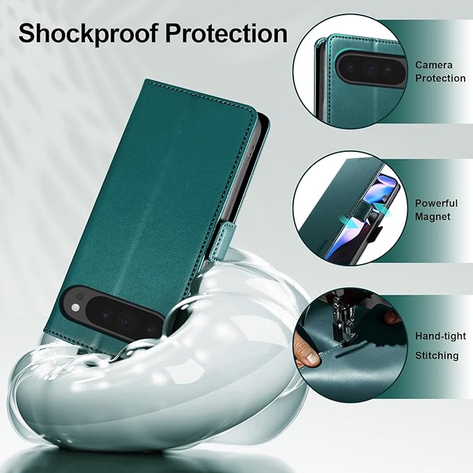 Wallet Flip Case for Google Pixel 9 Pro XL - [RFID Blocking] Luxury PU Leather Card Holder Magnetic Phone Cover with Kickstand,Shockproof Protective Case,Green