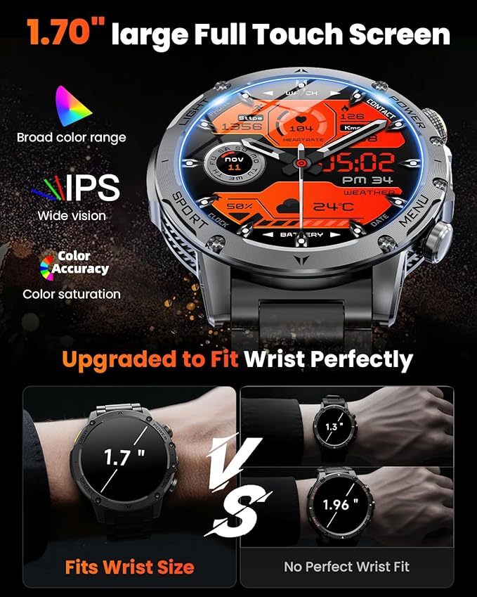 Military Smart Watches for Men, 1.7″ Smart Watch with 1000 mAh Battery, Led Flashlight, Answer/Make Calls, Heart Rate/Sleep Monitor 100+ Sport Modes Fitness Watch for Android/iPhone (2 Straps)