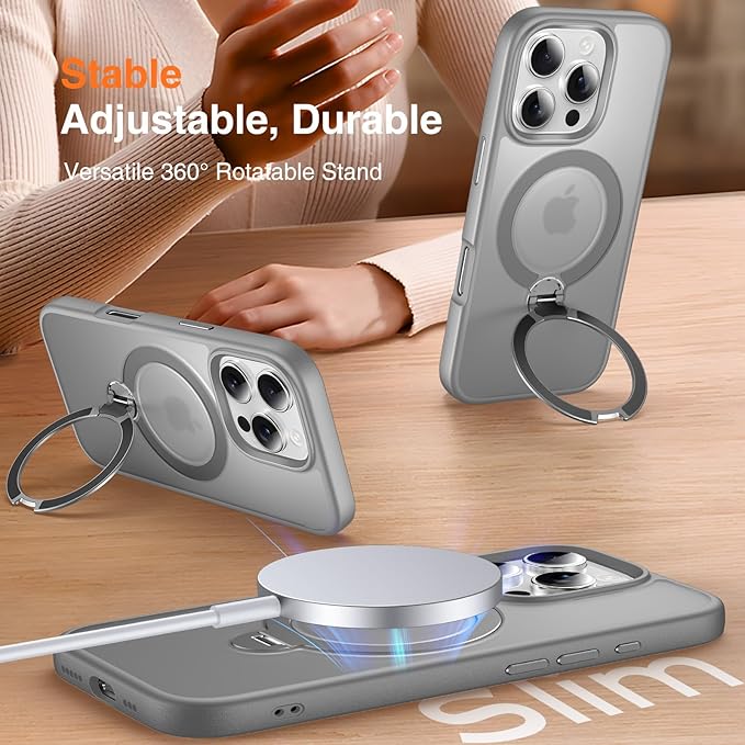 360° O-Ring MagStander for iPhone 16 Pro Max Case with Magnetic Kickstand Ring Holder [Compatible with MagSafe][360°Rotate Stand][Military Shockproof] iPhone 16 Pro Max Phone Cover Grey