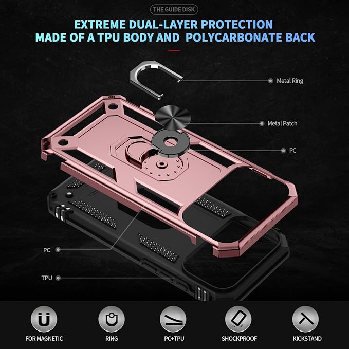 ADDIT Compatible with iPhone 17 Pro Case with Tempered Glass Screen Protector, Adjustable Kickstand Ring, Military-Grade Heavy Duty Protection, Shockproof, Anti-Fingerprint,Rose Gold