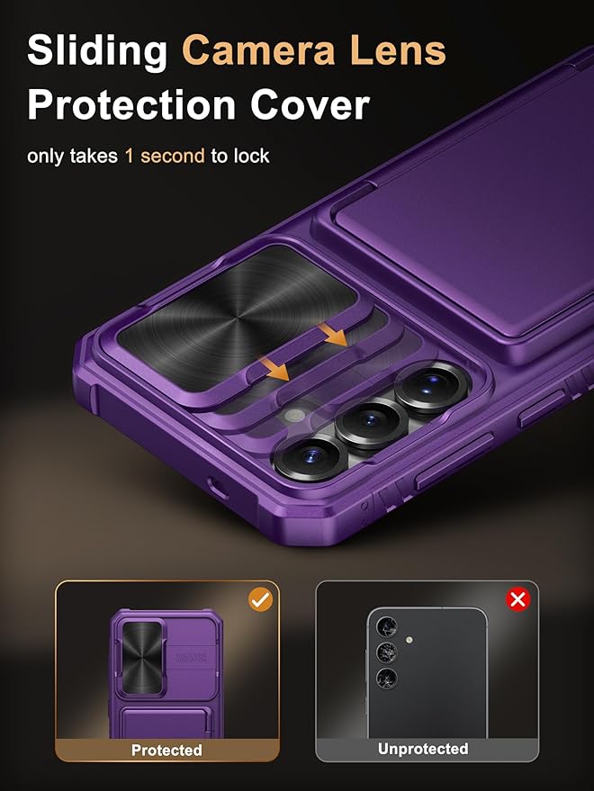 Vihibii for Samsung Galaxy S25+ Plus Wallet Case, Built-in Card Holder (4 Cards), [RFID Blocking] & Slide Camera Cover, Military Grade Drop Protection, Rugged Case for Galaxy S25+ Plus, Dark Purple