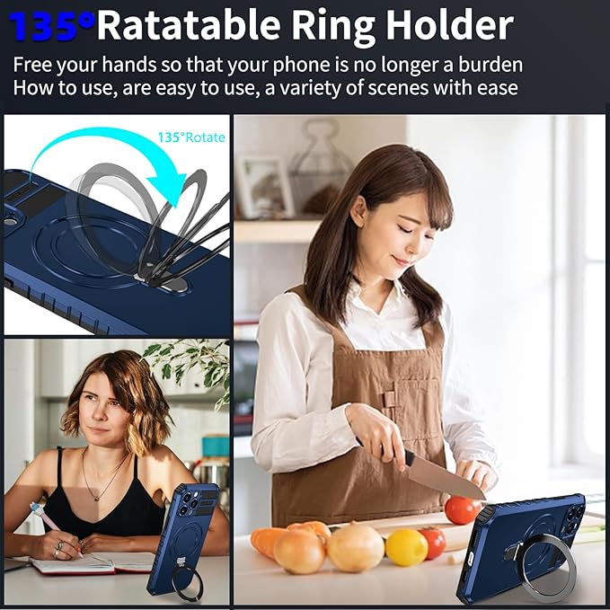 Magnetic for iPhone 14 Pro Max Case Compatible with MagSafe Wireless Charging,for 15 Pro Max Case with 2 Screen Protectors,Built-in Kickstand Ring,Shockproof Heavy Duty Protection,Blue