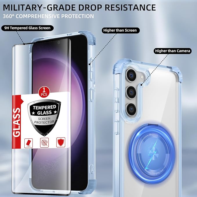 for Samsung Galaxy S23 Plus Case Magnetic Compatible with MagSafe with 1 Screen Protector,for S23+Plus Phone Case with Kickstand Ring Military Grade Drop Heavy Duty Protection Shockproof Blue