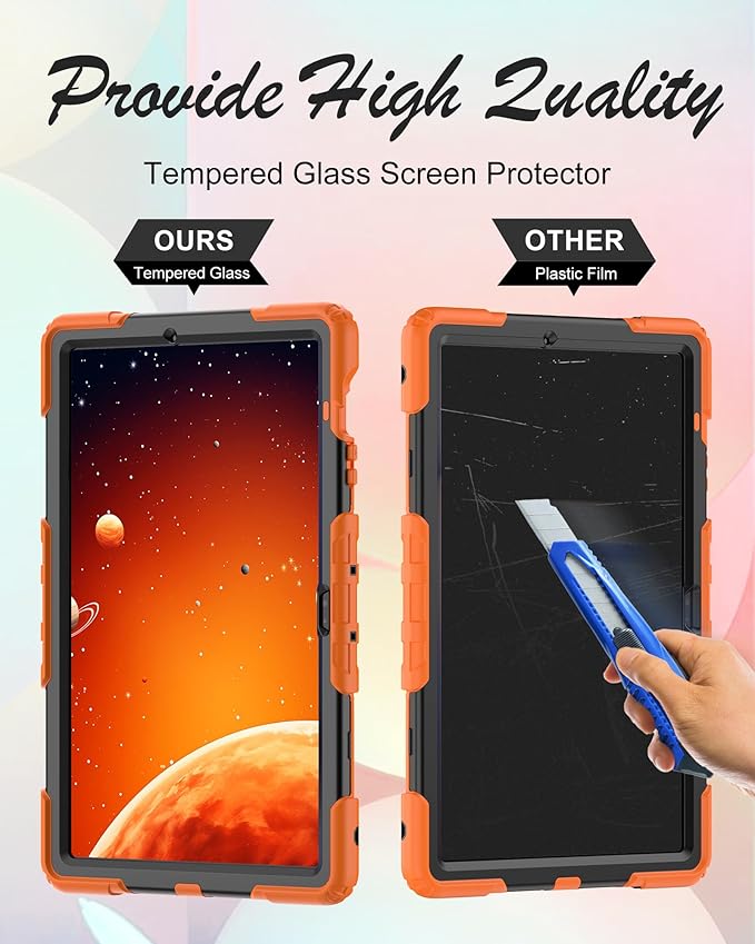 Case for Samsung Galaxy Tab S10 FE Plus 5G Tablet 13.1'', Shockproof Protective Cover with Tempered Glass Screen Protector, Rotatable Kickstand, S Pen Holder, Hand/Shoulder Strap, Orange