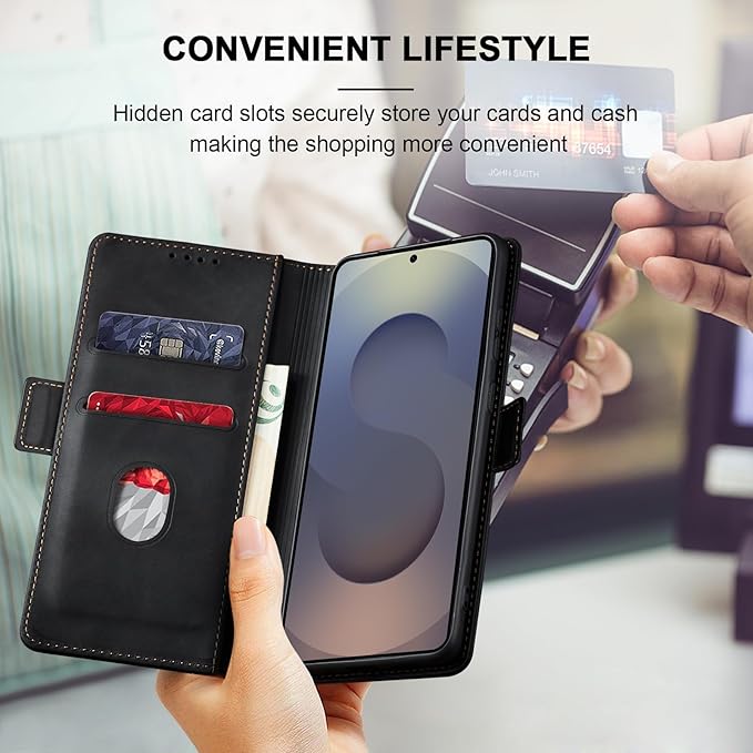 Jasonyu Flip Wallet Case for Samsung Galaxy S25 Ultra 5G,Leather Magnetic Folio Cover with Card Holder,Kickstand - TPU Shockproof Durable Protective Phone Case,Black