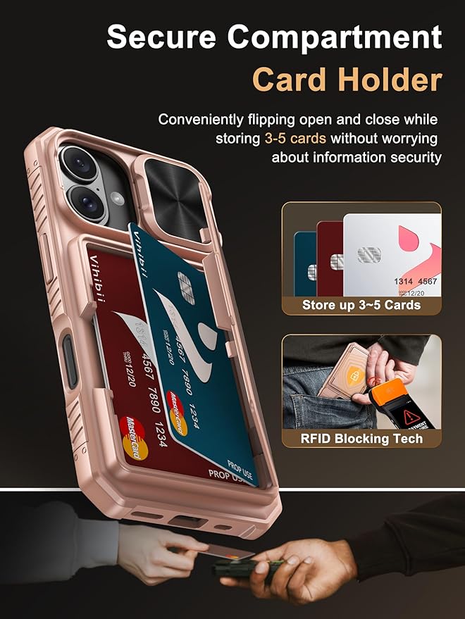 Vihibii for iPhone 16 Case Wallet with Card Holder (4 Cards) [RFID Blocking] & Slide Camera Cover, Military Grade Drop Protection, Rugged Back & Silicone Edge Phone Cover, 6.1" 2024, Rose Gold